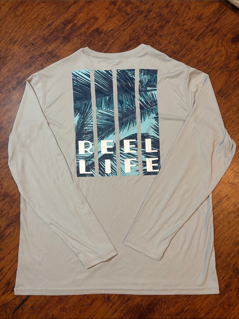 Reel Life Men's Long Sleeve Graphic Tee - Beige with Teal Print